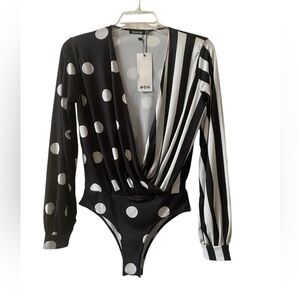 Boohoo Black &White Polka Dot & Stripe Bodysuit Long Sleeves New Size 4
